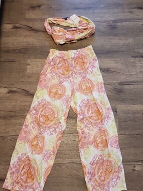 Women's Printed Straight-Leg Pants With Matching Bandana Top in Pink/Orange - M